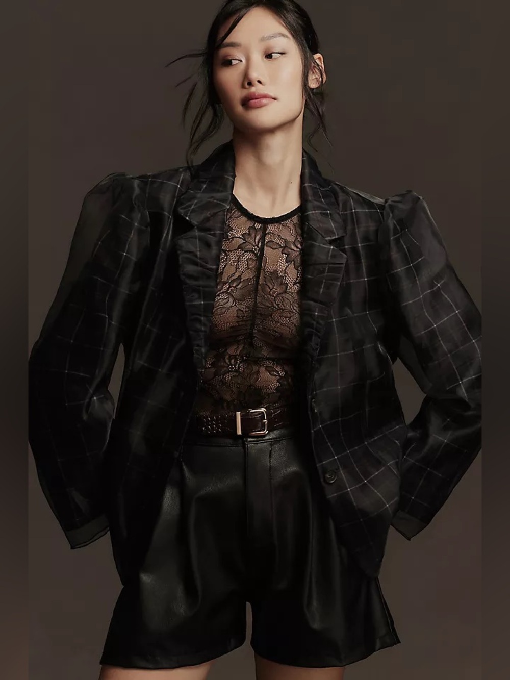 Anthropologie Tulle Overlay Plaid Blazer - Picture 3 of 5